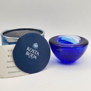 Kosta Boda Sweden Cobalt Blue Swirl Atoll Votive Candle Holder w Box